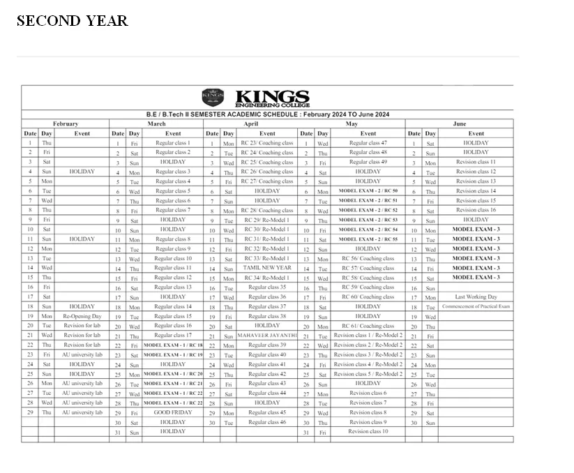 Second year Schedule